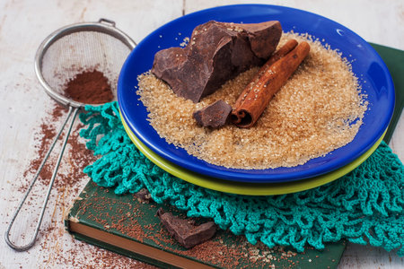 Dark chocolate, Brown sugar,cocoa powder, Cinnamon. selective Focus