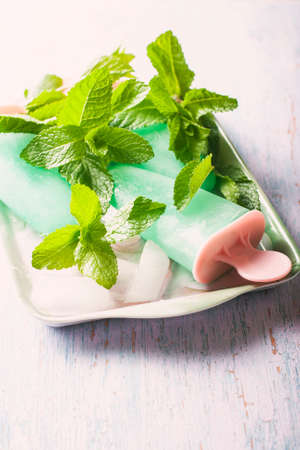 Homemade fruit ice, mint sorbet. Selective focusの写真素材