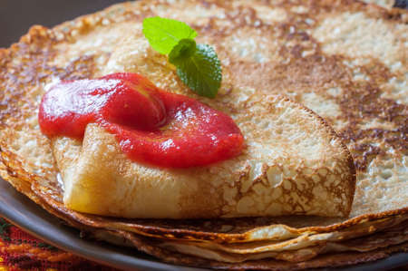 Fried homemade pancakes, traditional Russian meal. Selective focusの写真素材