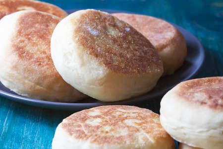 Fresh homemade English muffins. Breakfast. Selective focusの写真素材