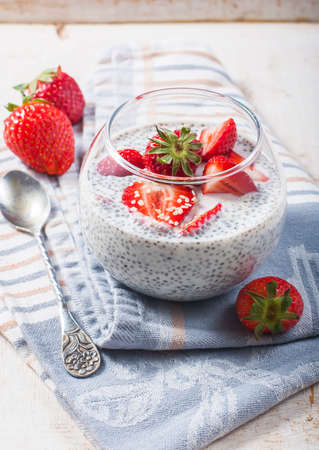 Chia seeds pudding with strawberries. Selective focusの写真素材