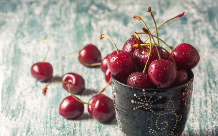 Juicy cherries with water drops, close up. Selective focus