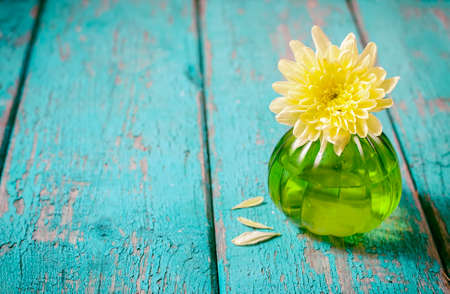 yellow flower chrysanthemum in vase on blue wooden background. Selective focus and toned imageの写真素材
