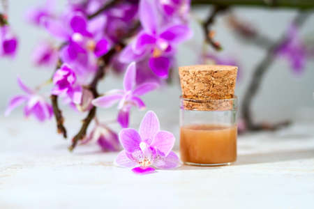 spa setting with cosmetic cream, gel and purple orchid on white wooden table background. Selective focusの写真素材