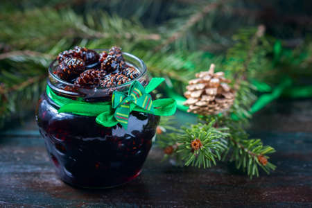 Home-made Jam made from pine cones, for improving immunity. Selective focus.の写真素材