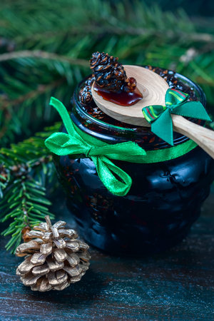 Home-made Jam made from pine cones, for improving immunity. Selective focus.の写真素材