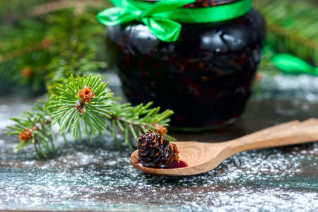 Home-made Jam made from pine cones, for improving immunity. Selective focus.の写真素材