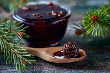 Home-made Jam made from pine cones, for improving immunity. Selective focus.の写真素材