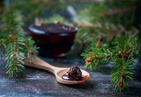 Home-made Jam made from pine cones, for improving immunity. Selective focus.の写真素材
