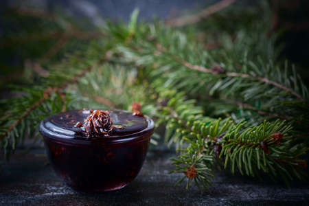 Home-made Jam made from pine cones, for improving immunity. Selective focus.の写真素材