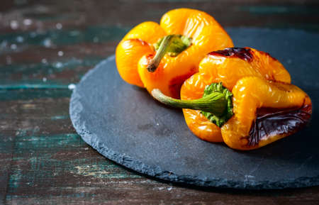 Yellow pepper baked on grill. Selective focusの写真素材