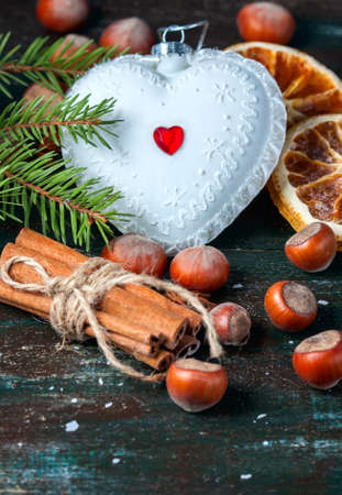 White Christmas tree toy in the form of heart. Christmas background. Selective focusの写真素材