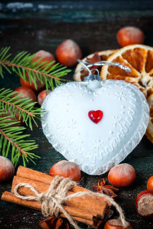 White Christmas tree toy in the form of heart. Christmas background. Selective focusの写真素材