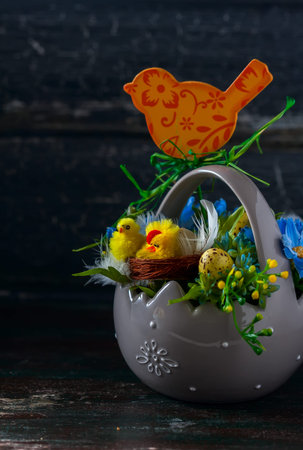 Easter composition, Quail eggs on the old wooden background. Soft focus