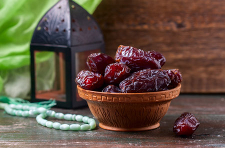 Dates fruit and rosary still life, on a dark wooden background. Selective focus