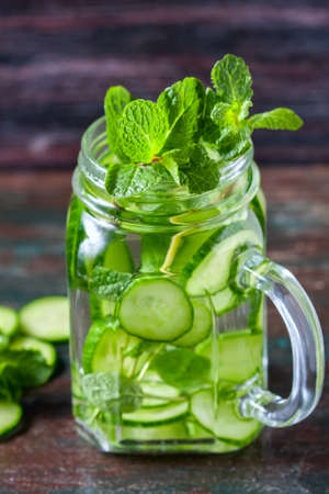 Detox cucumber and mint diet drink, healthy summer cooler. Selective focusの写真素材