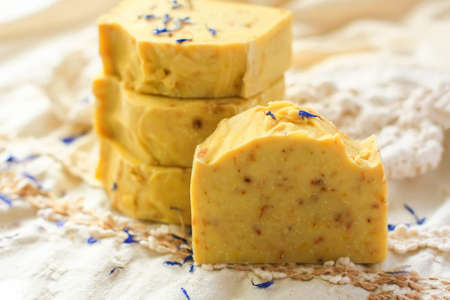 Natural handmade soap, on beige background. Selective focusの写真素材