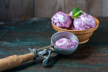 Homemade ice cream blueberries and mint. Selective focusの写真素材