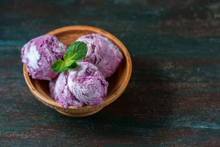 Homemade ice cream blueberries and mint. Selective focusの写真素材