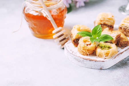 Traditional arabic dessert Baklava with honey and nutsの写真素材