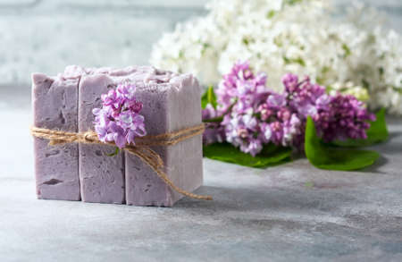 Natural handmade soap and lilac flowers. Selective focusの写真素材