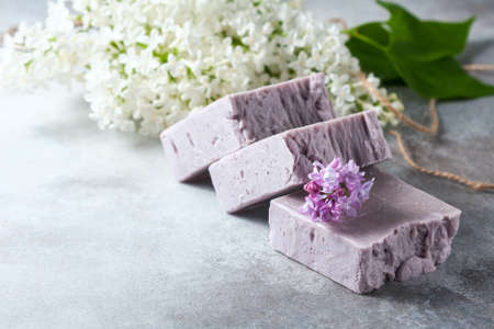 Natural handmade soap and lilac flowers. Selective focusの写真素材
