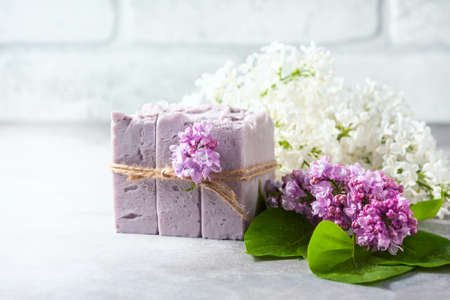 Natural handmade soap and lilac flowers. Selective focusの写真素材