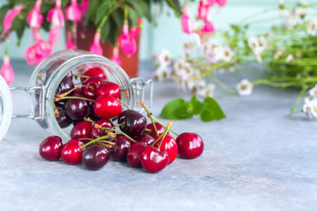 Group of Fresh Juicy Sweet Cherries in a Glass Jar. Natural Organic Food. Selective focusの写真素材