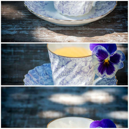 Porcelain cup of tea on a wooden table in the garden. Summer party. Selective focusの写真素材
