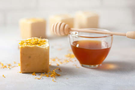 handmade soap with honey and calendula.の写真素材