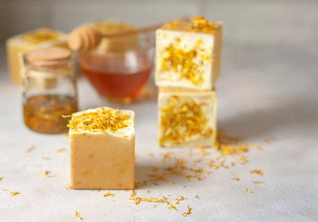handmade soap with honey and calendula. Selective focus