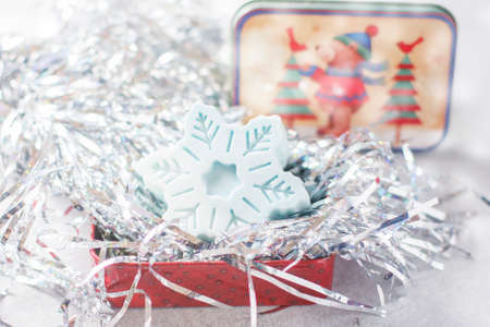 Handmade soap in the form of snowflakes, natural cosmetics concept. Place for text. Selective focusの写真素材