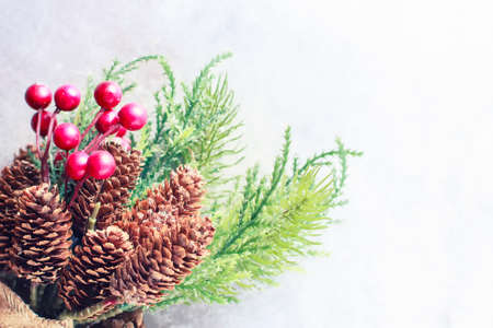 New Year and Christmas background. Christmas frame with decoration, sprig of pine, cones and berries. Place for text. Selective focusの写真素材