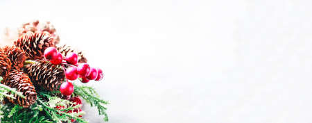 New Year and Christmas background. Christmas frame with decoration, sprig of pine, cones and berries. Place for text. Selective focusの写真素材