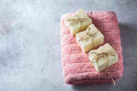 Organic handmade natural soap on a towel. The concept of the resort. Selective focusの写真素材