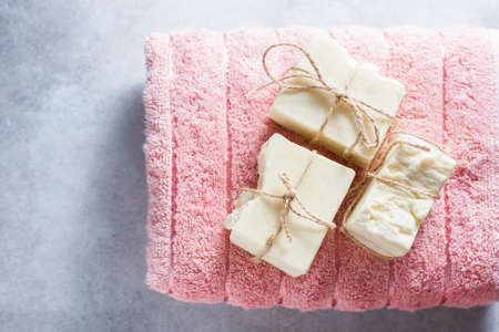 Organic handmade natural soap on a towel. The concept of the resort. Selective focusの写真素材