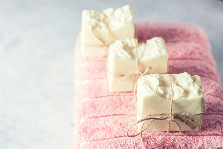 Organic handmade natural soap on a towel. The concept of the resort. Selective focus