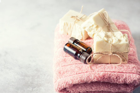 Organic handmade natural soap on a towel. The concept of the resort. Selective focus
