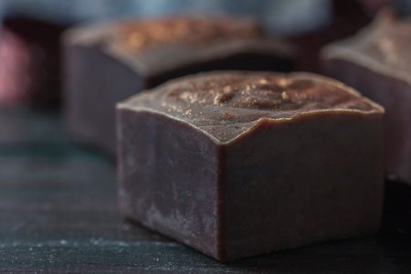 Closeup of organic handmade soap with natural chocolate. Selective focus