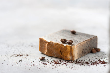 Handmade soap bars with coffee. Organic soap. Spa treatments. Selective focus
