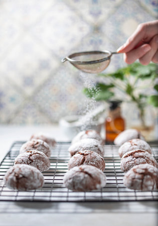 Cracked chocolate chip cookies in icing sugar. Chocolate christmas cookies on a white wooden table. Selective focus, copy spaceの写真素材