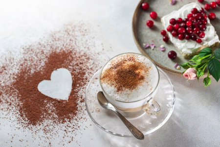 Heart shaped cappuccino and cheese sandwich with red berries.The idea for a festive breakfast, Valentines Day.の写真素材