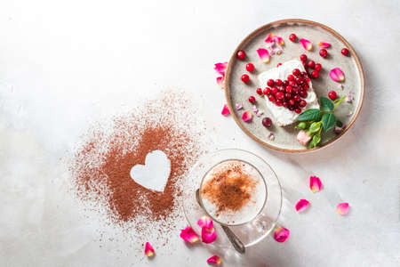 Heart shaped cappuccino and cheese sandwich with red berries.The idea for a festive breakfast, Valentines Day.の写真素材