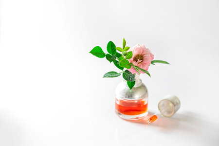 Bottle of rose essential oil and flowers on white background. Massage, aromatherapy and organic...