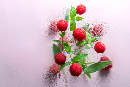 raspberries and mint with drops of water on a light background with copyspace closeup. Concept of...