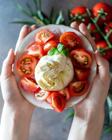 Woman holds plate with italian barrata cheese and tomato. Selective focusの写真素材