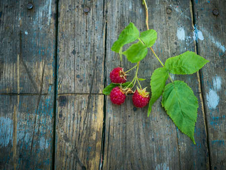 Ripe raspberries on a wooden table.の写真素材
