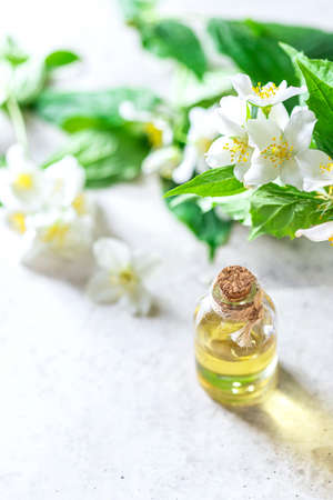 Aromatic oil in glass bottle with fresh jasmine flowers on a light gray concrete background. Flower essential oil, osmetic oil perfume . Spa concept. Selective focus. Bannerの写真素材