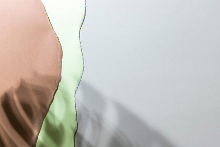 The shadow of a plant on a beige, yellow and brown background of torn paper.の写真素材