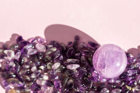 Crystal minerals for meditation on pink background. Magic Rock for Healing stones.の写真素材